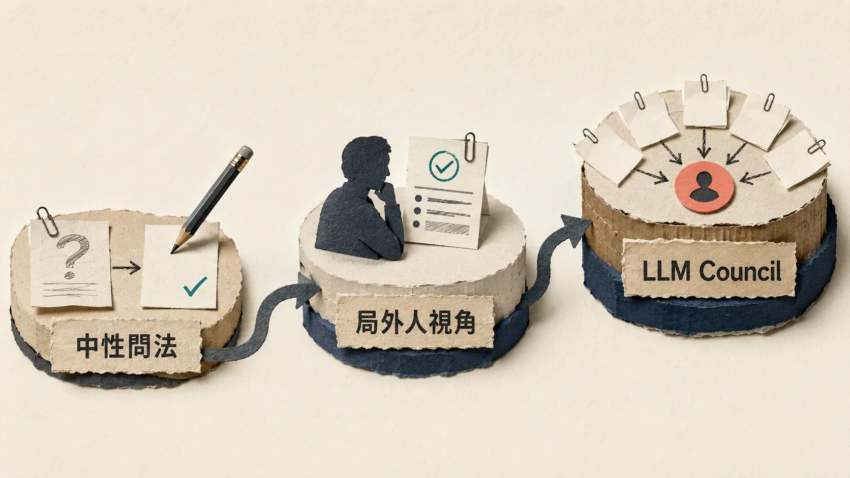 降低 AI 迎合的三層做法是中性問法、局外人視角與 LLM Council，依決策成本逐步升級