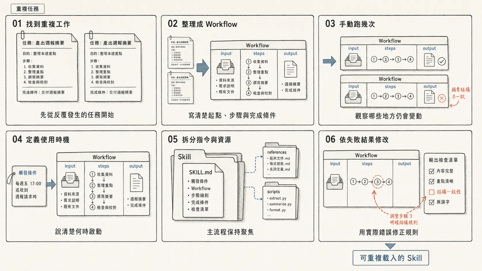 將可重複 Workflow 升級為 Claude Skill 的六個步驟